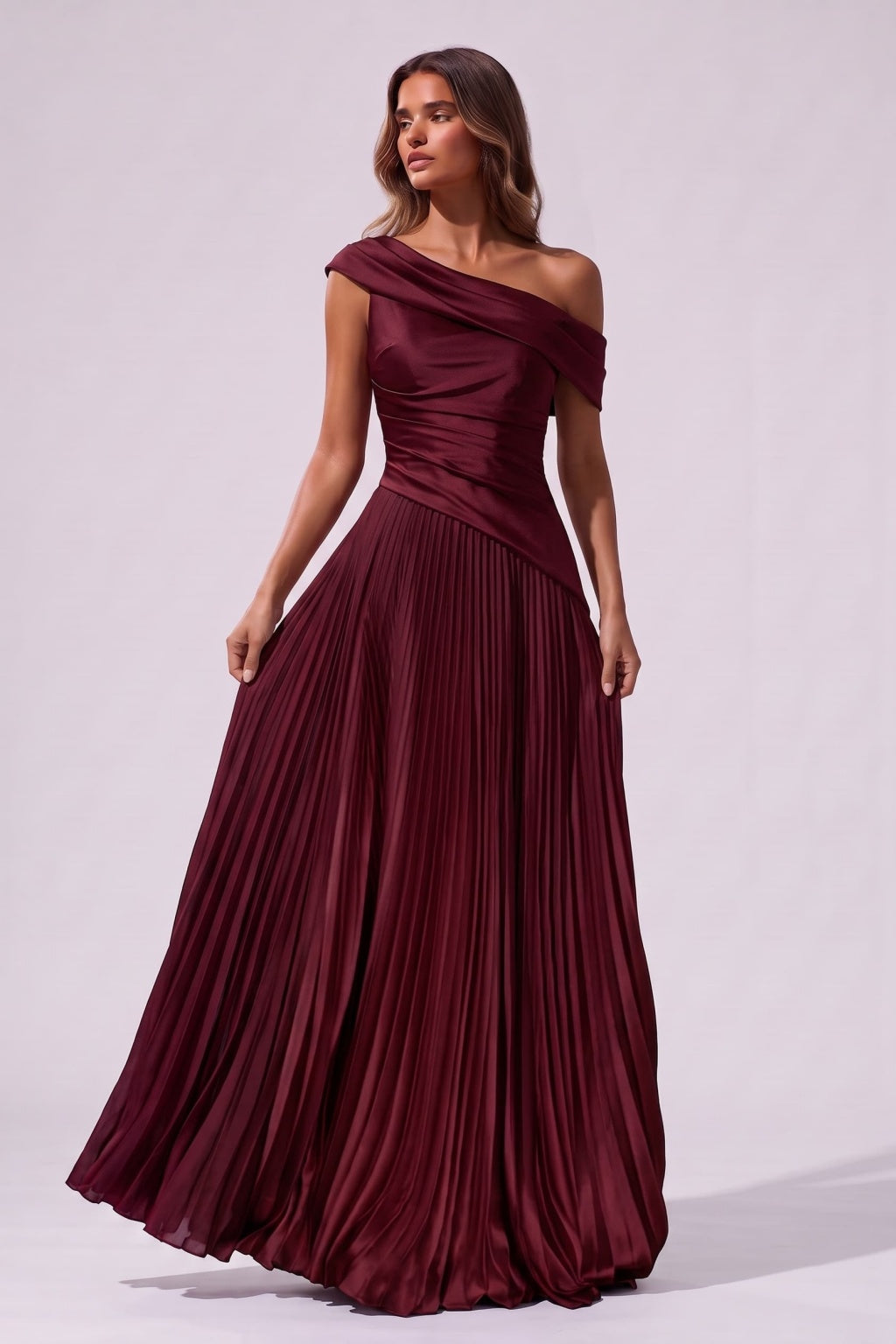 A-Line Floor Length Chiffon Acetate Satin Wedding Guest Dress CG0366 - Wine - COCOMELODY
